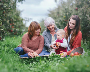 Autumnal image of four Generations of women seated together in apple orchard