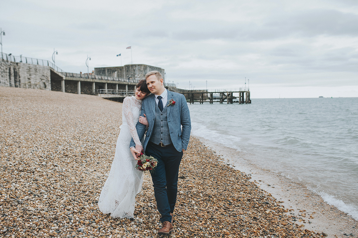 Wedding Couple on Southsea Beach by Moira Lizzie Photography
