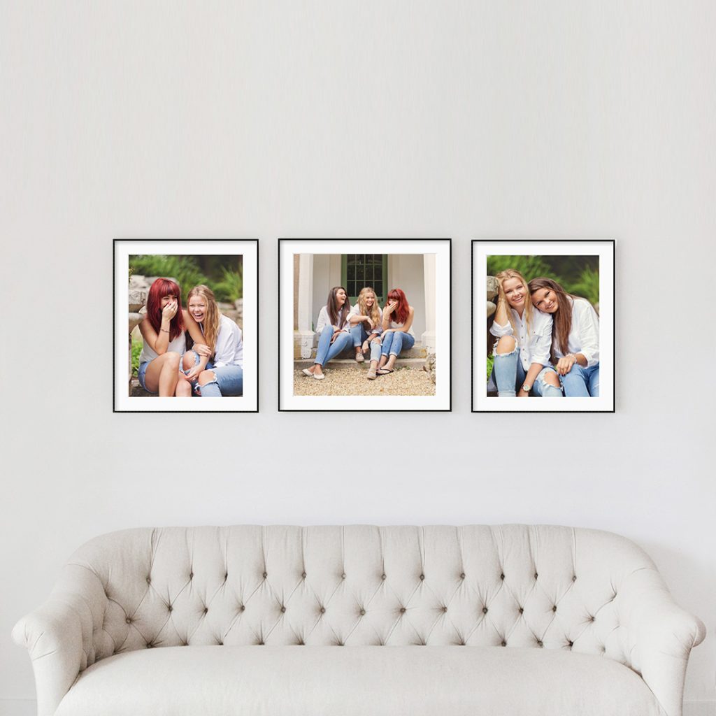 Three in a row frame collection as wall display above sofa